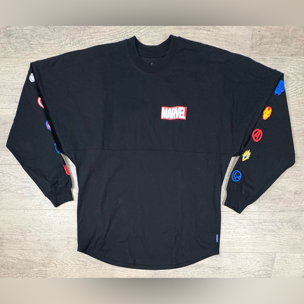 Marvel Logo Spirit Jersey Adult Size L Black Red Comic Logo Disney Parks